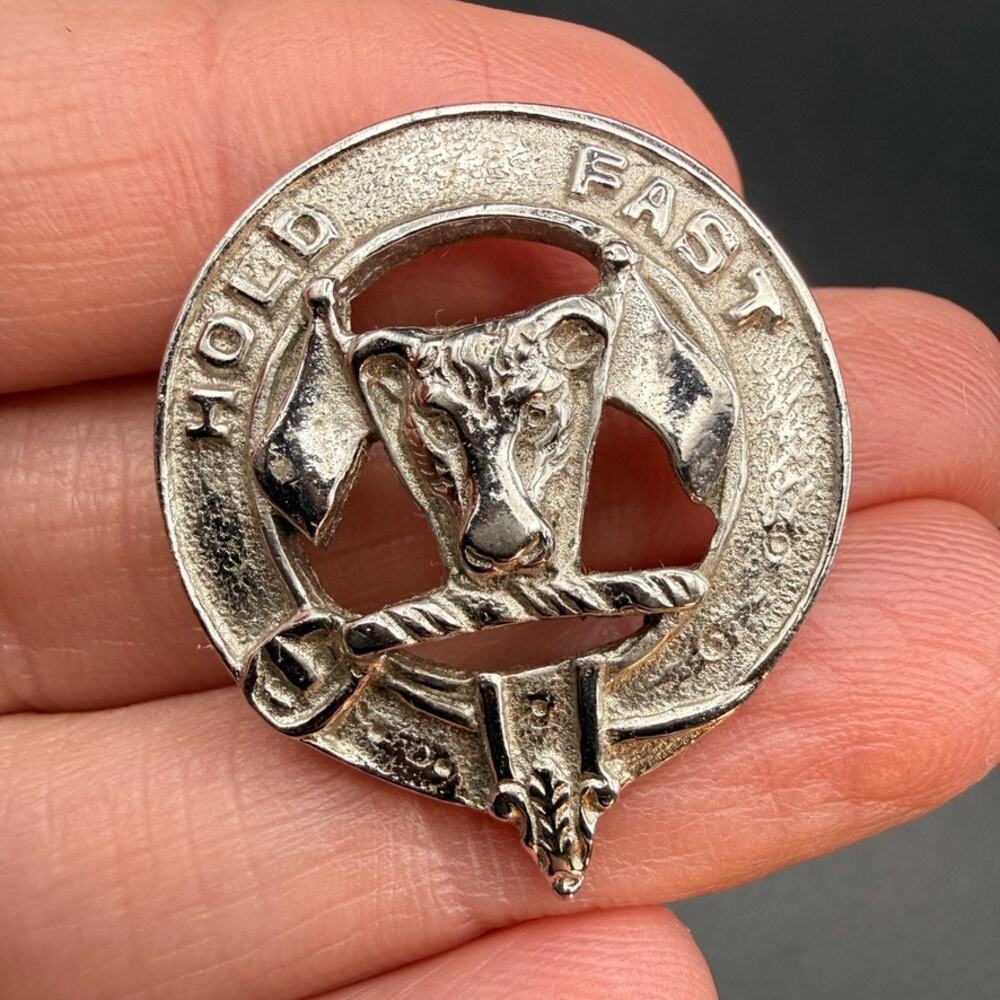 Vintage Hold Fast MacLeod Clan Crest Scottish Brooch Pin Silver Tone Bull Head